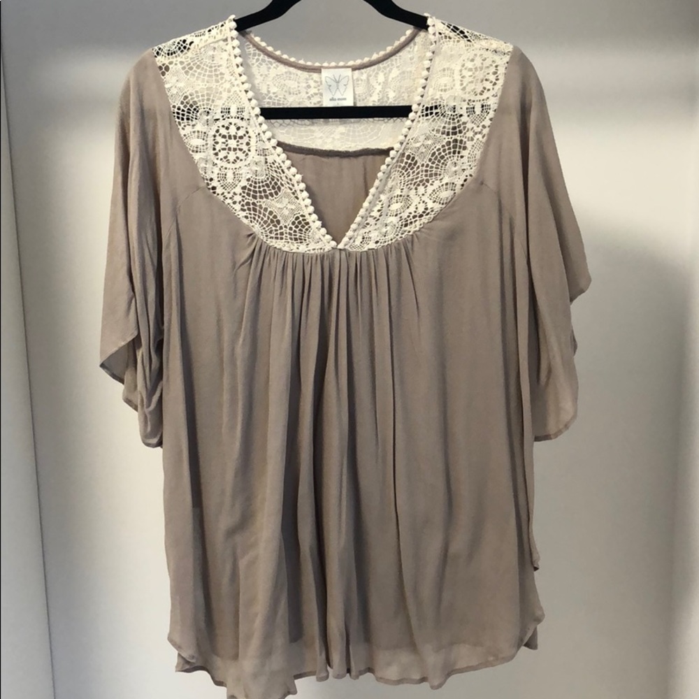 Anthropologie Taupe Blouse with Lace Detail